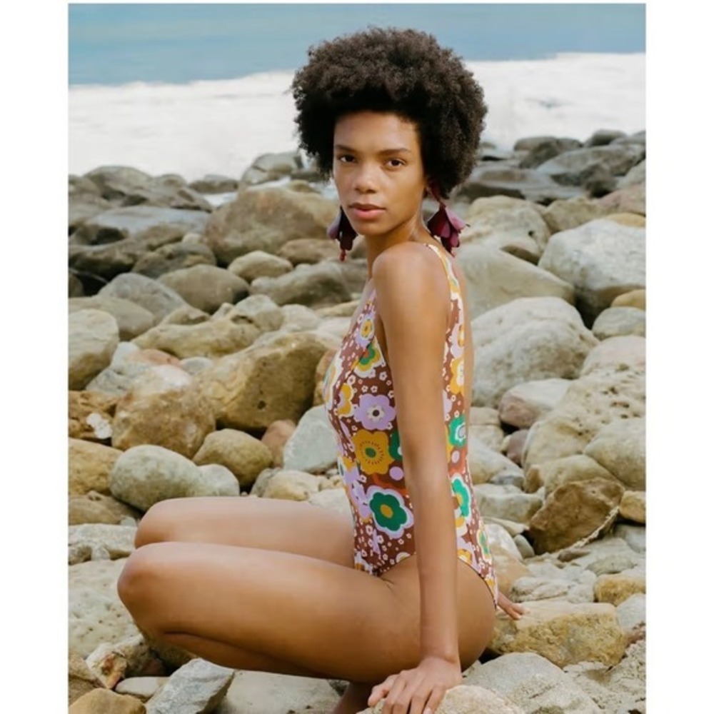 OOKIOH 70s Floral One Piece Swimsuit Brown Retro Mod Size Small
